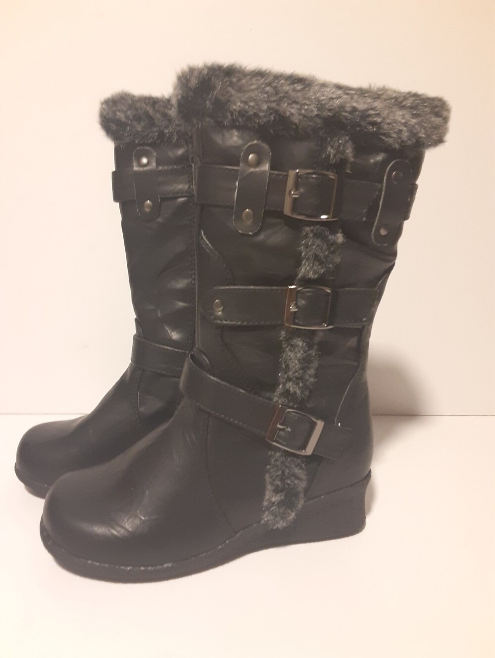 Tall Fashion Boots w/ Faux Fur Trim on Faux Leather. Buckle Sides Zipper Girls 9